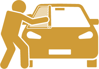 A person is applying a protective film to the windshield of a car. The illustration uses a simple, bold design with a yellow and black color scheme.
